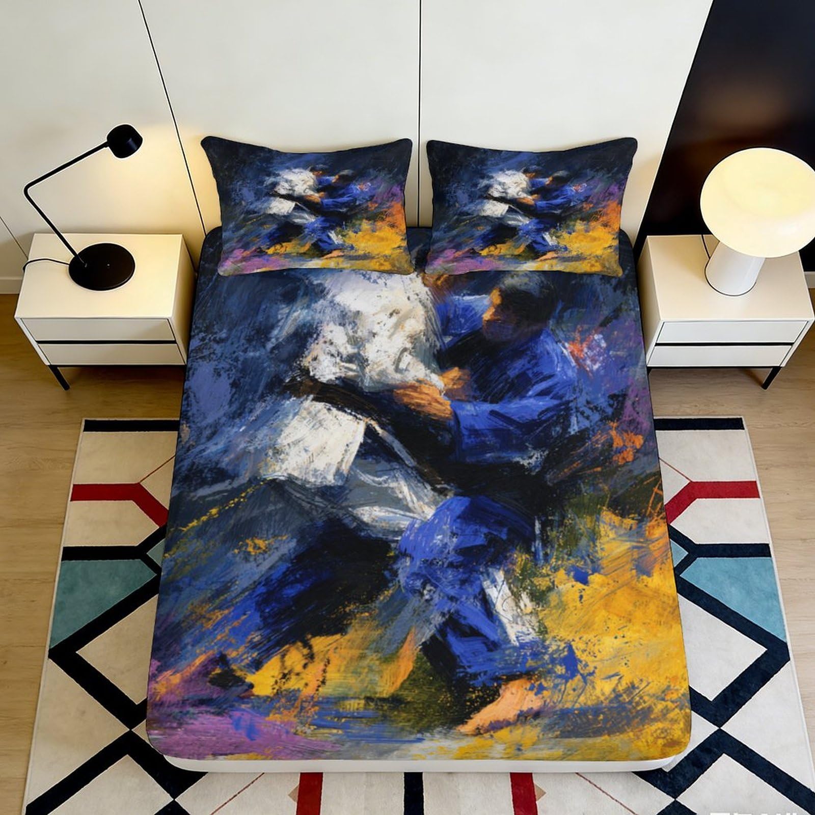 3D Printed Abstract Blue Yellow Fitted Sheet Microfiber Artistic Brushstroke Mattress Cover for Bedroom Dorm Decor 90x200x25cm