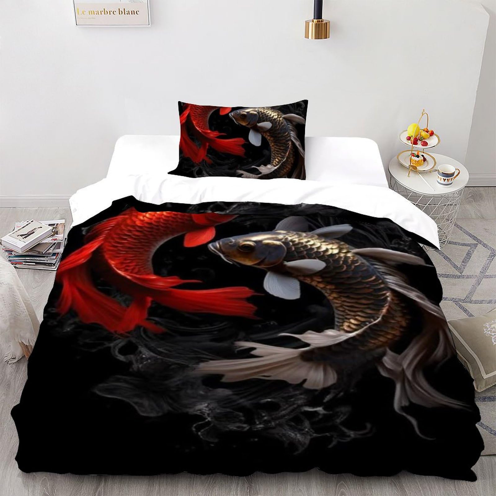 Housse de couette poisson 135x200cm en microfibre marine avec 1 taie d'oreiller pour lit enfant