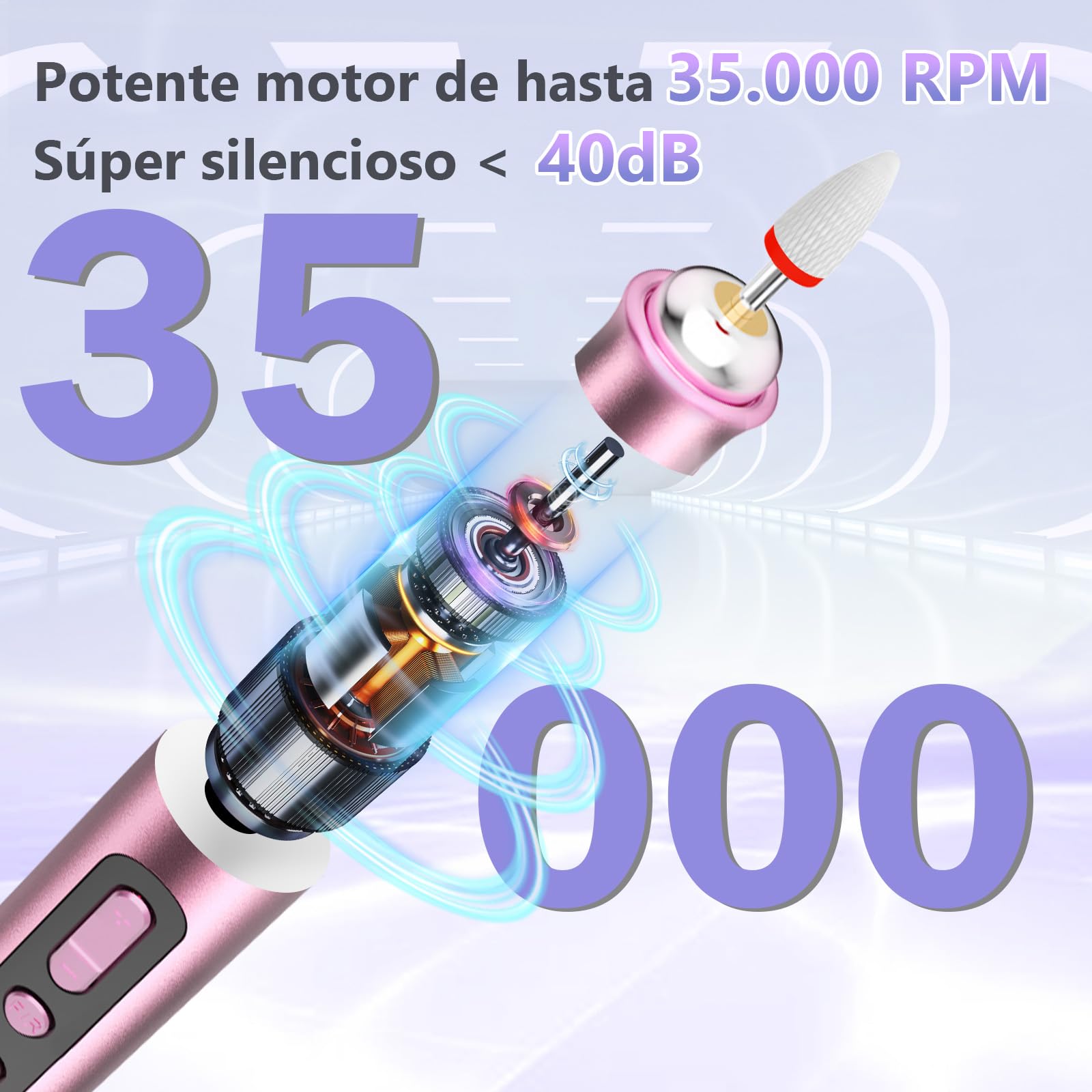 Torno para Uñas Profesional de 35000 RPM, Lima Eléctrica para Uñas de Gel y Acrílicas, Torno sin Cable con Velocidad Ajustable para Manicura y Pedicura