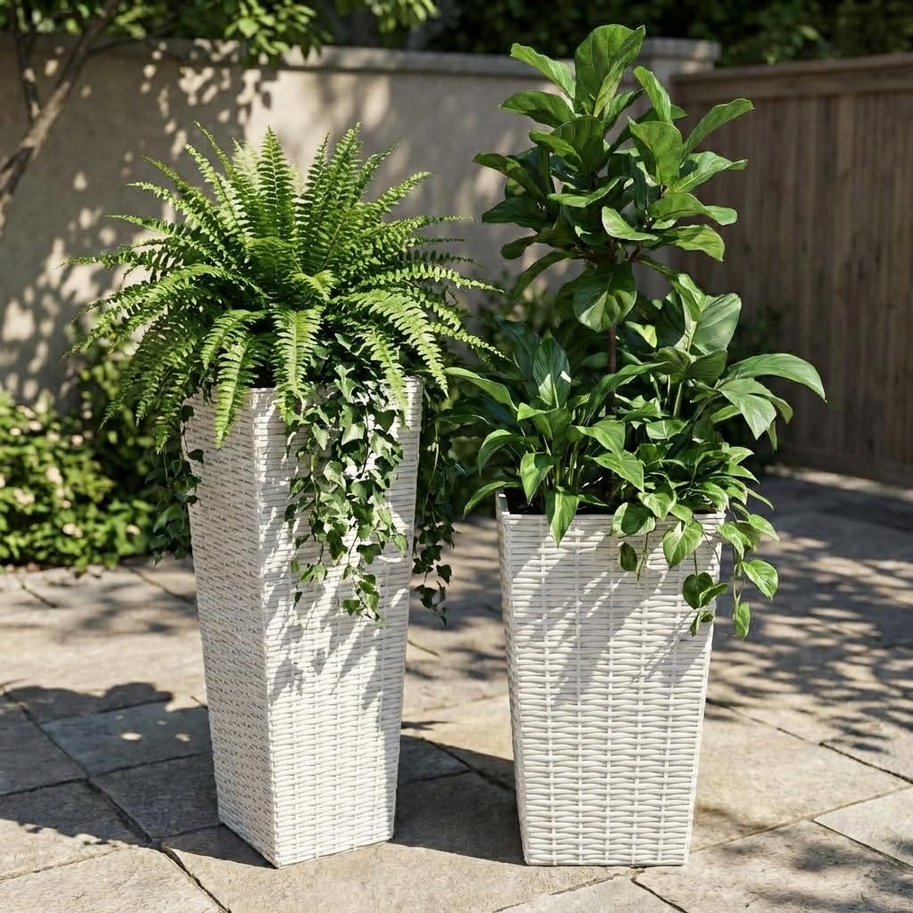 Garvee Tall Planter Set of 2, 82cm+60cm Flower Pots with 4 Drainage Holes, Indoor Outdoor Tapered Square Planters, Extra Large Plant Pot for Home Garden Patio Backyard - White