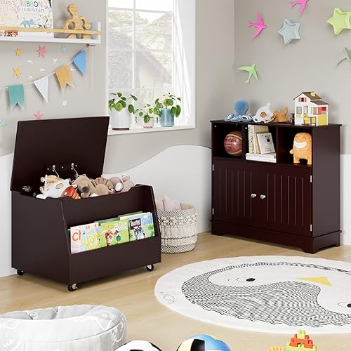 Miniatura 5 de HORSTORS Armario de baño armario de almacenamiento de piso con puertas y cubos abiertos gabinete lateral independiente para sala de estar dormitorio