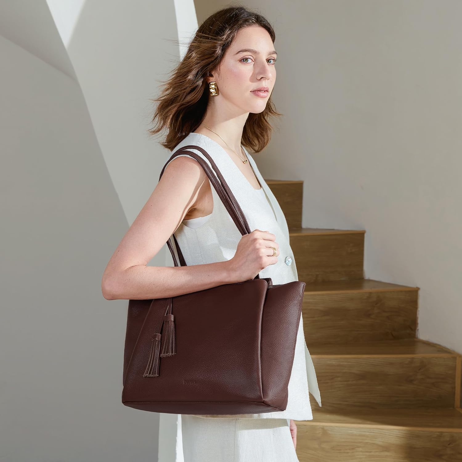 befen Genuine Leather Tote Bag for Women Work, Womens Laptop Tote Bags Shoulder Purses Totes with Compartments Handbags - Image 2