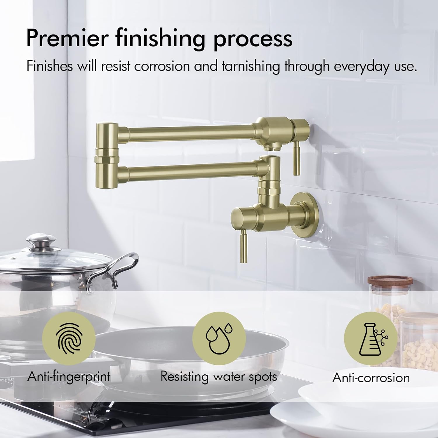 BAGNOLUX Brushed Gold Pot Filler Faucet, Traditional Double Handle Coffee Machine Wall Mount with Spout Reach Double-Jointed Swivel Stove Brass Kitchen Faucet 23.4 Inch, Brushed Light Yellow Gold