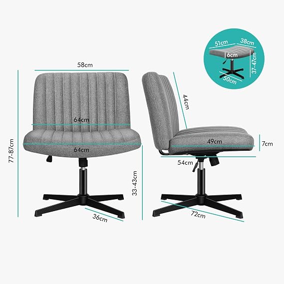 ELFORDSON Cross Legged Office Chair with Footstool, Wide Seat Armless Desk Chairs No Castors, Criss Cross Chair Mid-back Chair for Home Office Lounge, Height Adjustable 360° Rotatable, Linen, Grey