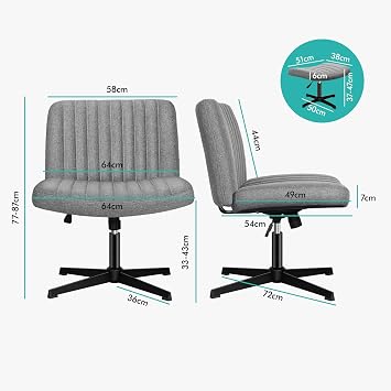 ELFORDSON Cross Legged Office Chair with Footstool, Wide Seat Armless Desk Chairs No Castors, Criss Cross Chair Mid-back Chair for Home Office Lounge, Height Adjustable 360° Rotatable, Linen, Grey