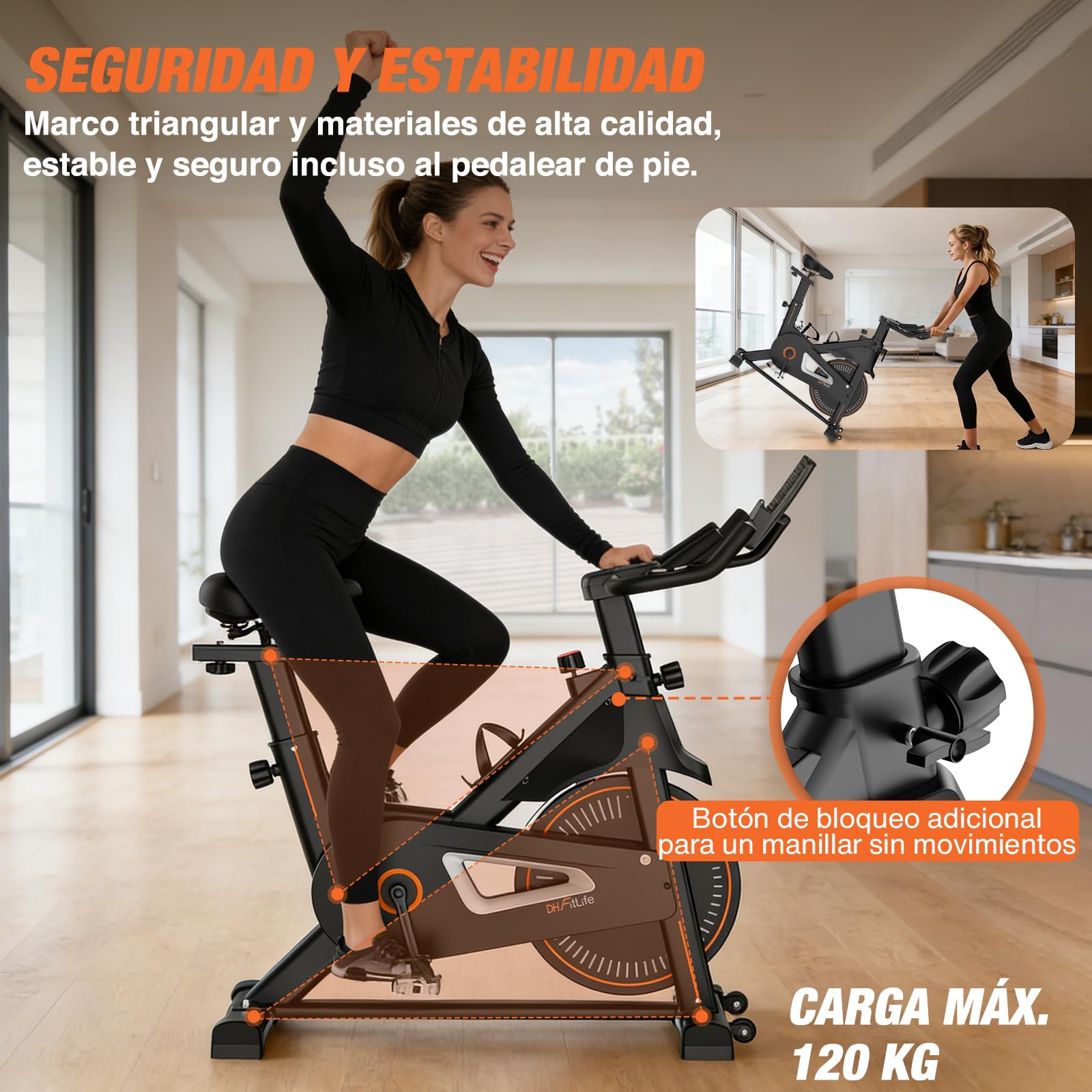 DH FitLife Bicicleta Estática para Casa 2026, Silenciosa con Resistencia Magnética, Freno de Emergencia, Ajustable 150–195 cm, Pulsómetro, APP y Monitor para Cardio en Casa | APP & Sensor de Pulso|Manillar Multi-Posiciones|Sillín Ajustable|Freno de Emerge
