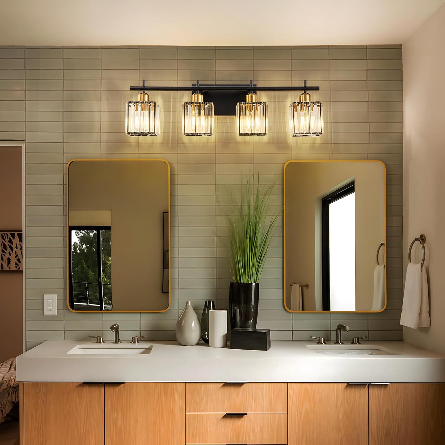 28.2" Modern Crystal 4 Light Bathroom Vanity Light Fixture, Matte Black and Gold Crystal Bathroom Lighting Fixtures Over Mirror, 4-Light Vanity Lights for Bthroom Vintage Wall Light Fixtures
