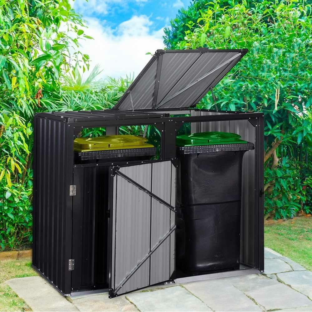 TERRE JARDIN - Cache Poubelle, Métallique, 147 x 80 x 120 cm - Cache Poubelle Exterieur Double, 2 Portes de Toit, 2 Portes Avant à Poignée - Abri Poubelle Exterieur, Anti Intempéries