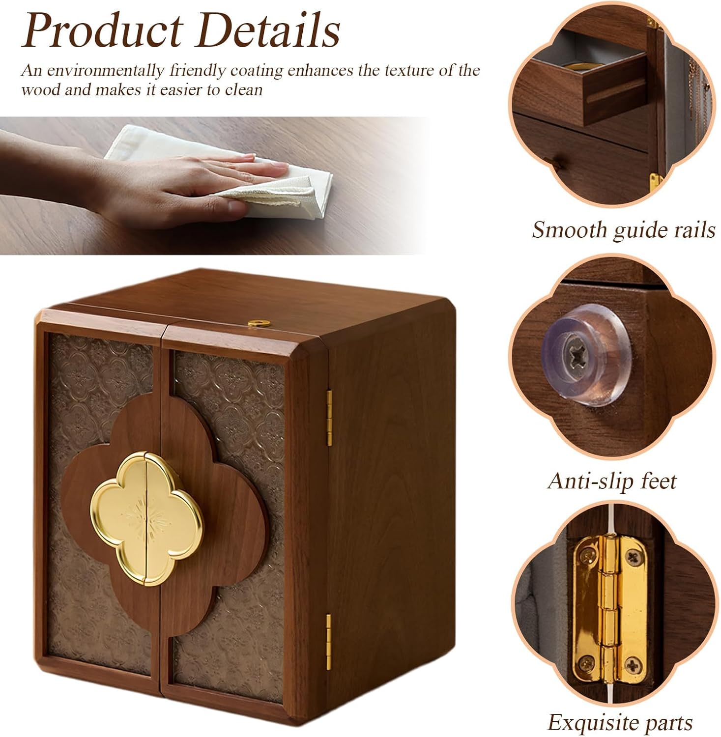 Walnut Jewelry Box for Women, Wooden Jewelry Box Organizer Functional with Drawers,Brass Handle for Necklaces Rings Earrings Watches Storage, Valentines Day