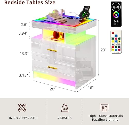 Miniatura 2 de FOMNEY Mesita de noche LED RGB con estación de carga, mesita de noche blanca con pantalla táctil, mesitas de noche con luz deslumbrante por control