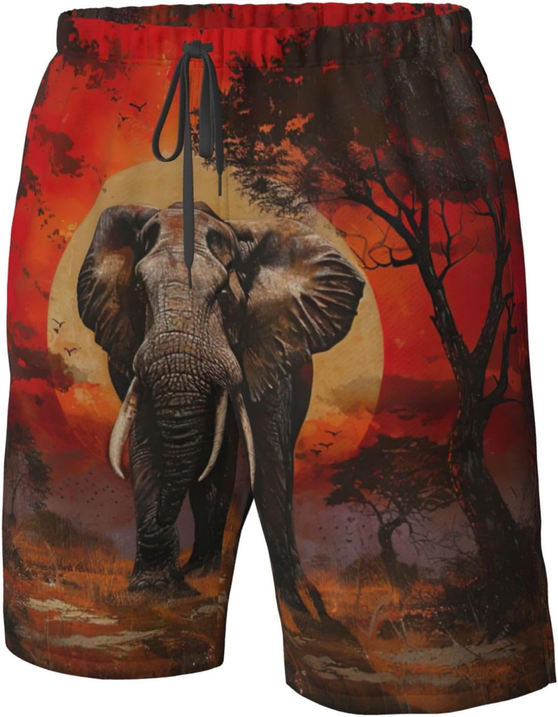 Elephant Sunset Print Men's Quick-Drying Shorts Casual Beach Pants Stretch Waist Shorts and Pockets