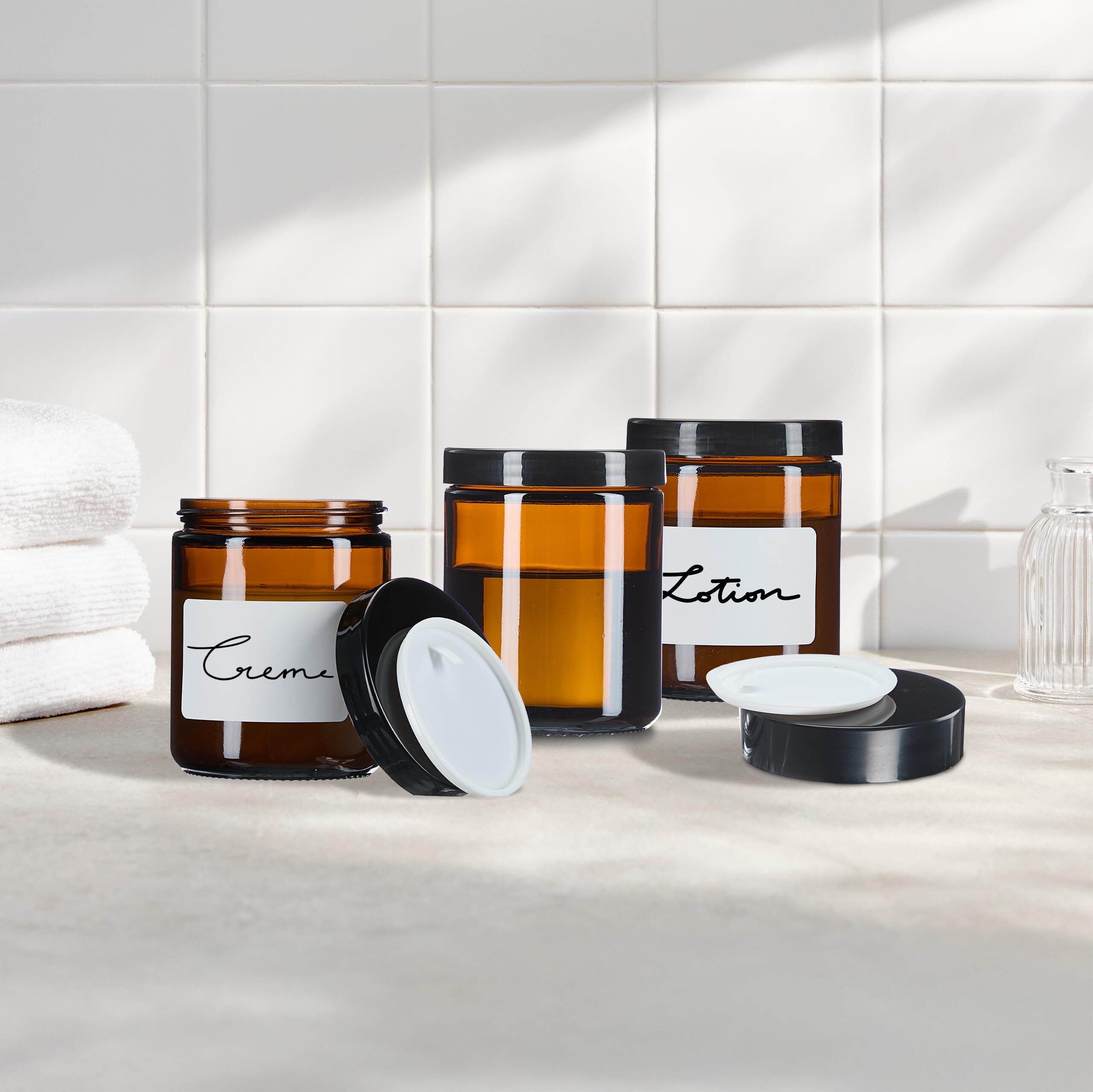 Relaxdays Vasetti di Vetro per Creme e Cosmetici, 12 Contenitori Vuoti 240 ml, Etichette, Barattoli da Viaggio, Marrone