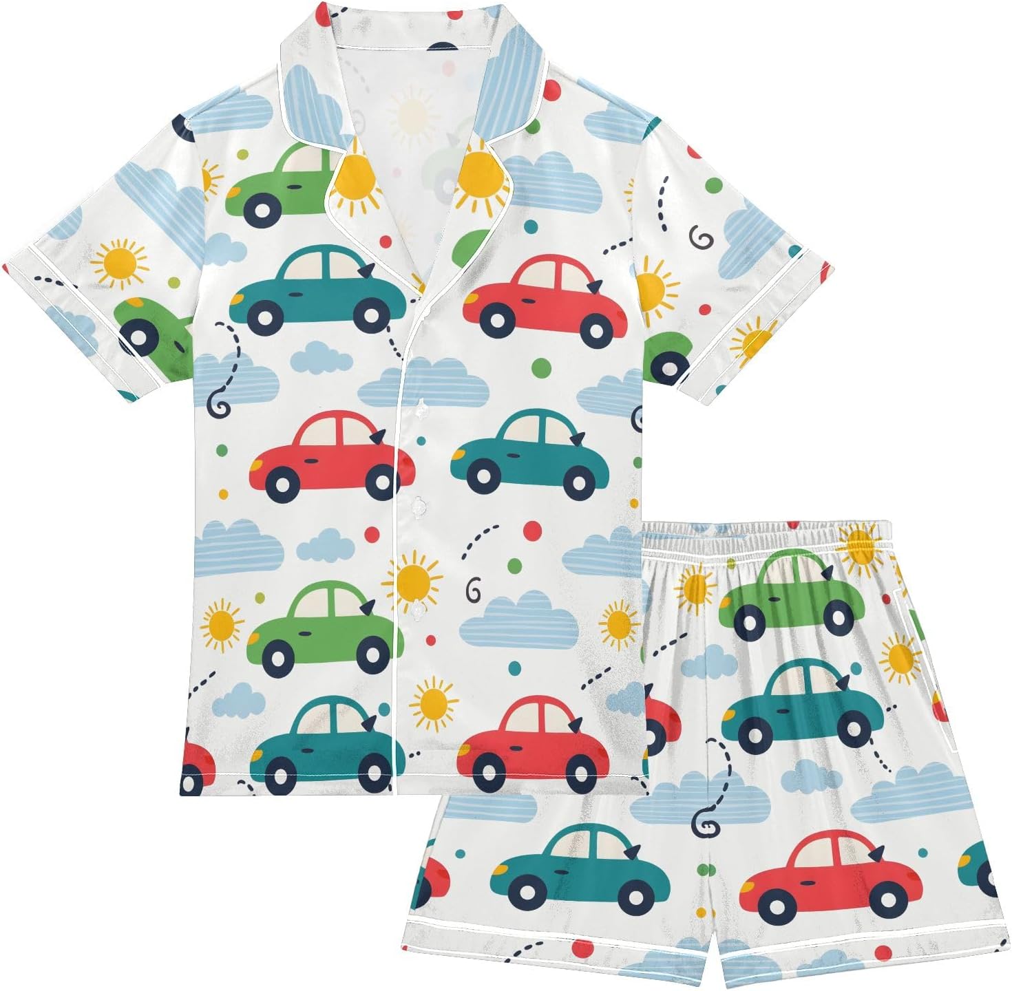Kids Casual Satin Wear Set Car Clouds Sun Pattern Unisex Short Sleeve Clothing for Relaxing