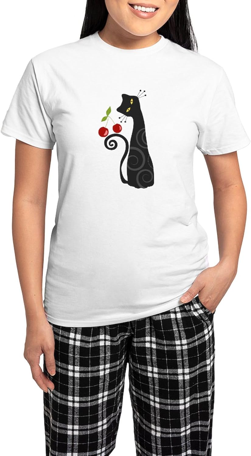 CafePress Black Cat with Cherries Women's Light Pajamas Women's Novelty Cotton Pajama Set, Comfortable PJ Sleepwear