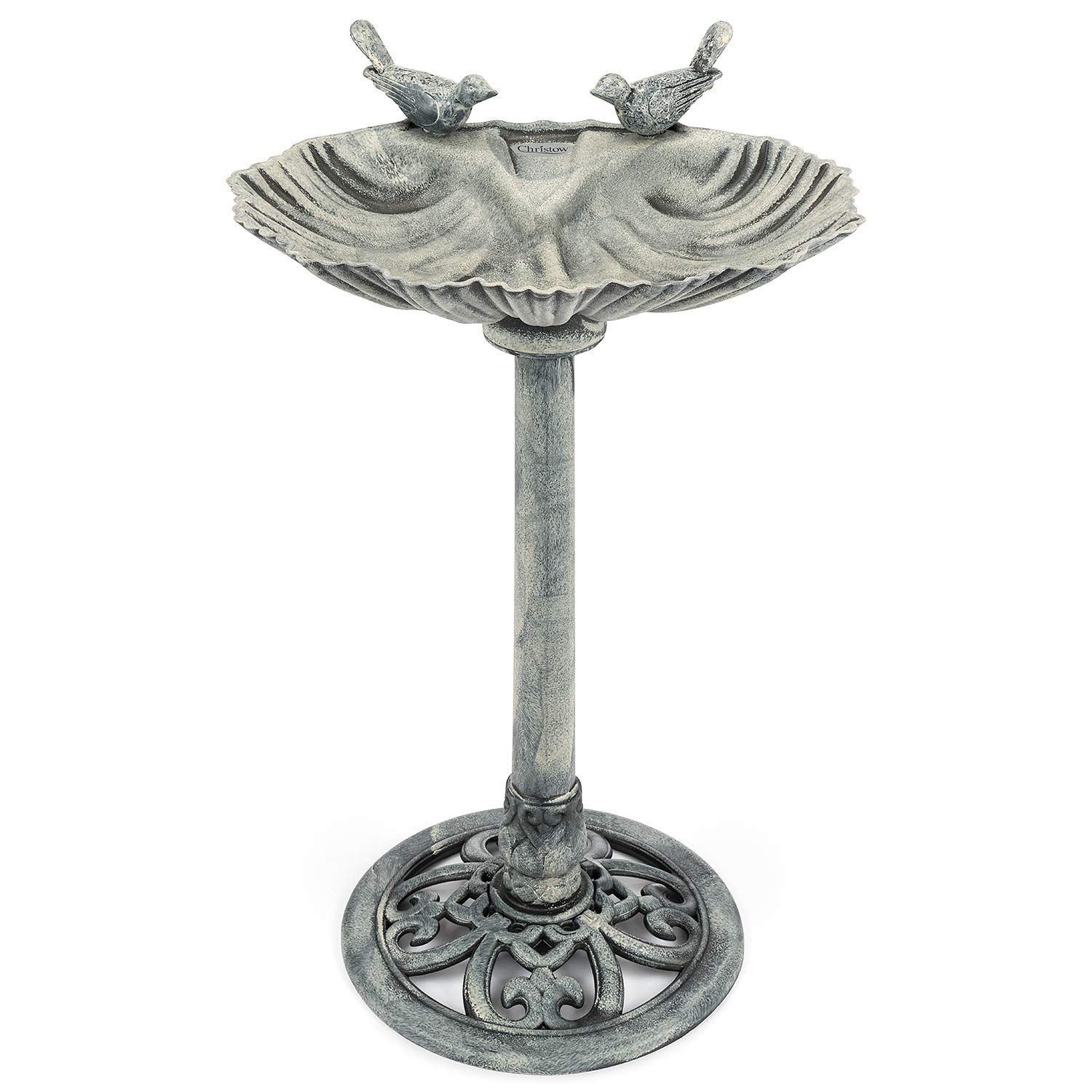 Christow Grey Plastic Resin Bird Bath For Garden, Clam Shell Pedestal Birdbath, Traditional Style, Rustic Metal Effect, Standing Outdoor Water Bowl Feeder, 80Cm X 50Cm X 38Cm (Grey)