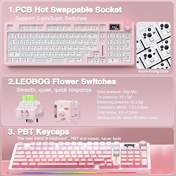 AULA S98 Pro Mechanical Gaming Keyboard,Tri-Mode BT5.0/2.4GHz/USB-C Wireless Mechanical Keyboards with LCD Screen,Knob,RGB Backlight,Hot Swappable Custom Keyboard for PC/Mac/Office/Gaming (Pink)