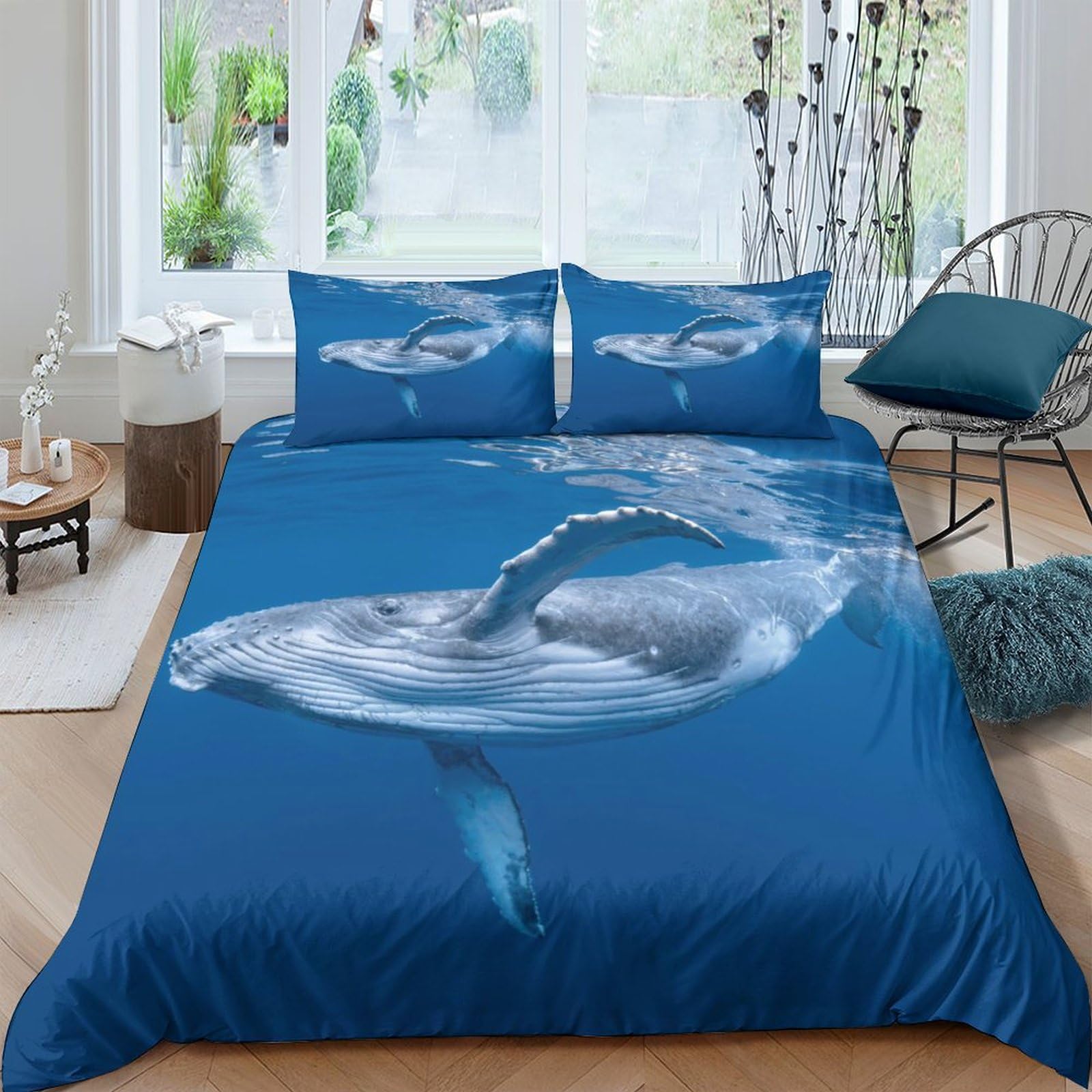 Housse de couette baleine 220x240 cm pour s'endormir dans un cocon marin avec sa parure de lit