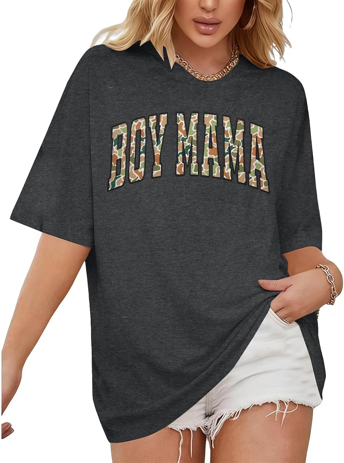 Mama Shirt Boy Mama Shirts Women Oversized Mom Letter Printed T-Shirt Casual Short Sleeve Tops Camo-Grey