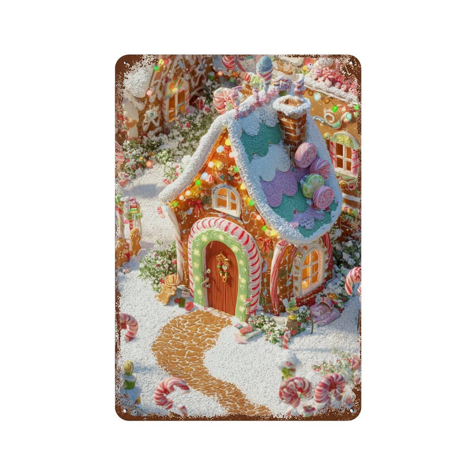 Rust Effect Christmas Gingerbread Village Scene Aged Metal Wall Plaque 11.8"x7.9", Industrial Home Decor for Cafe, Home Bar And Lounge Decor