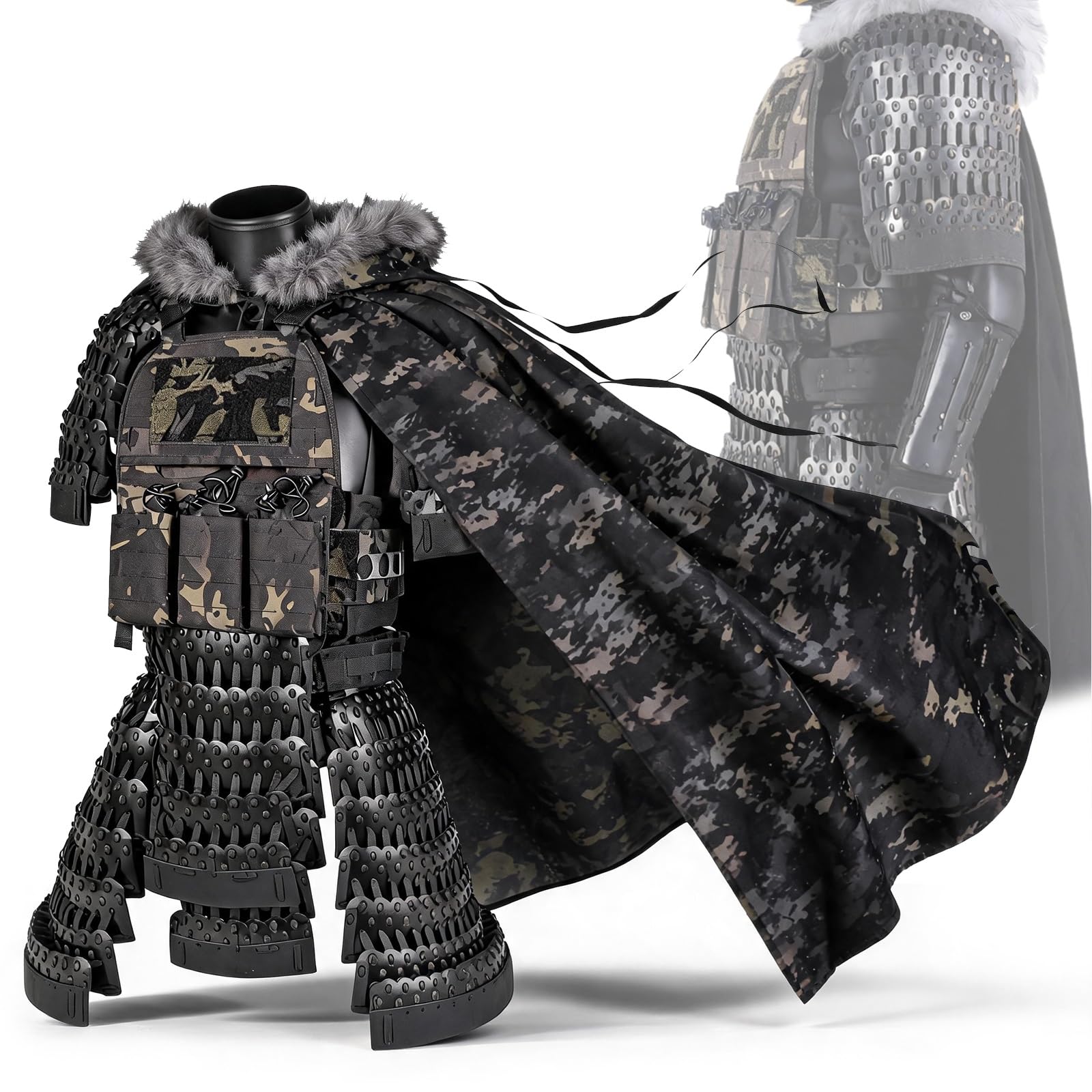 Samurai-Taktikrüstung, Taktischer Rüstungsschutz Komplettset | Mittelalterliche Kampfrüstungsausrüstung Cosplay, Schulterpanzer, Rüstungsrock, Schrittprotektor, Ausrüstungsanzug