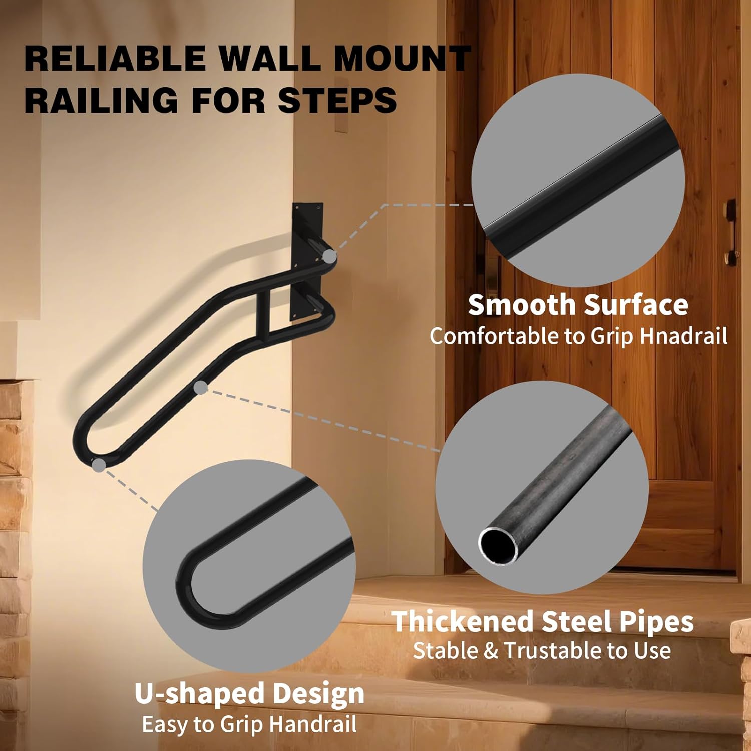 Right Side Wall Mounted handrail, Garge Door Stair Railing for 1-3 Steps(Polished Black, Right Side, 230LBs Loading)