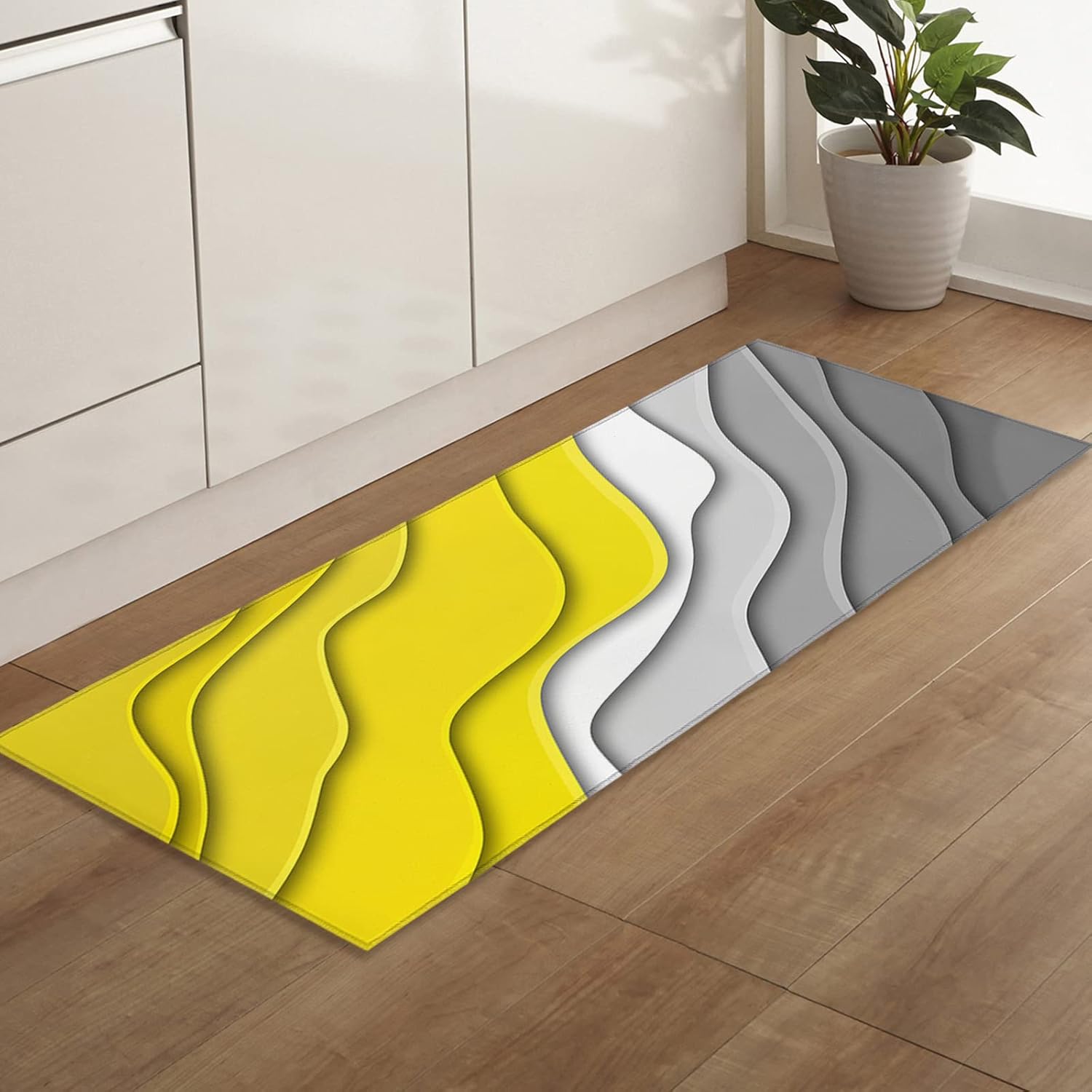 Savannan Runner Rugs and Mats 1 Pcs, Abstract Ombre Yellow Gray Wave Line Geometric Pattern Modern Art Non Slid,Absorbent Kitchen Rug,Rubber Dots Backing Indoor Door Mat,Standing Mat 18x47.2 Inch