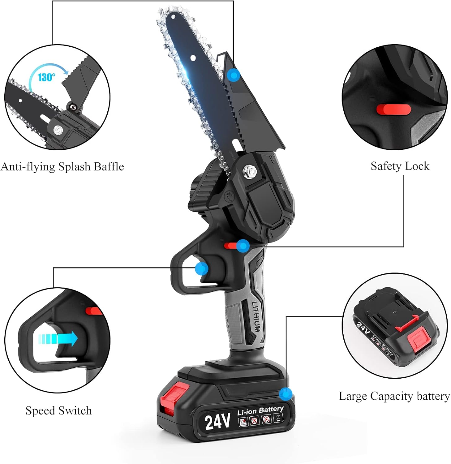 6-Inch Mini Chainsaw with Safety Lock LED light 24V Lithium Battery Cordless Electric Chainsaw Lightweight 2 Batteries and Chains Pruning Shears Chain Saw