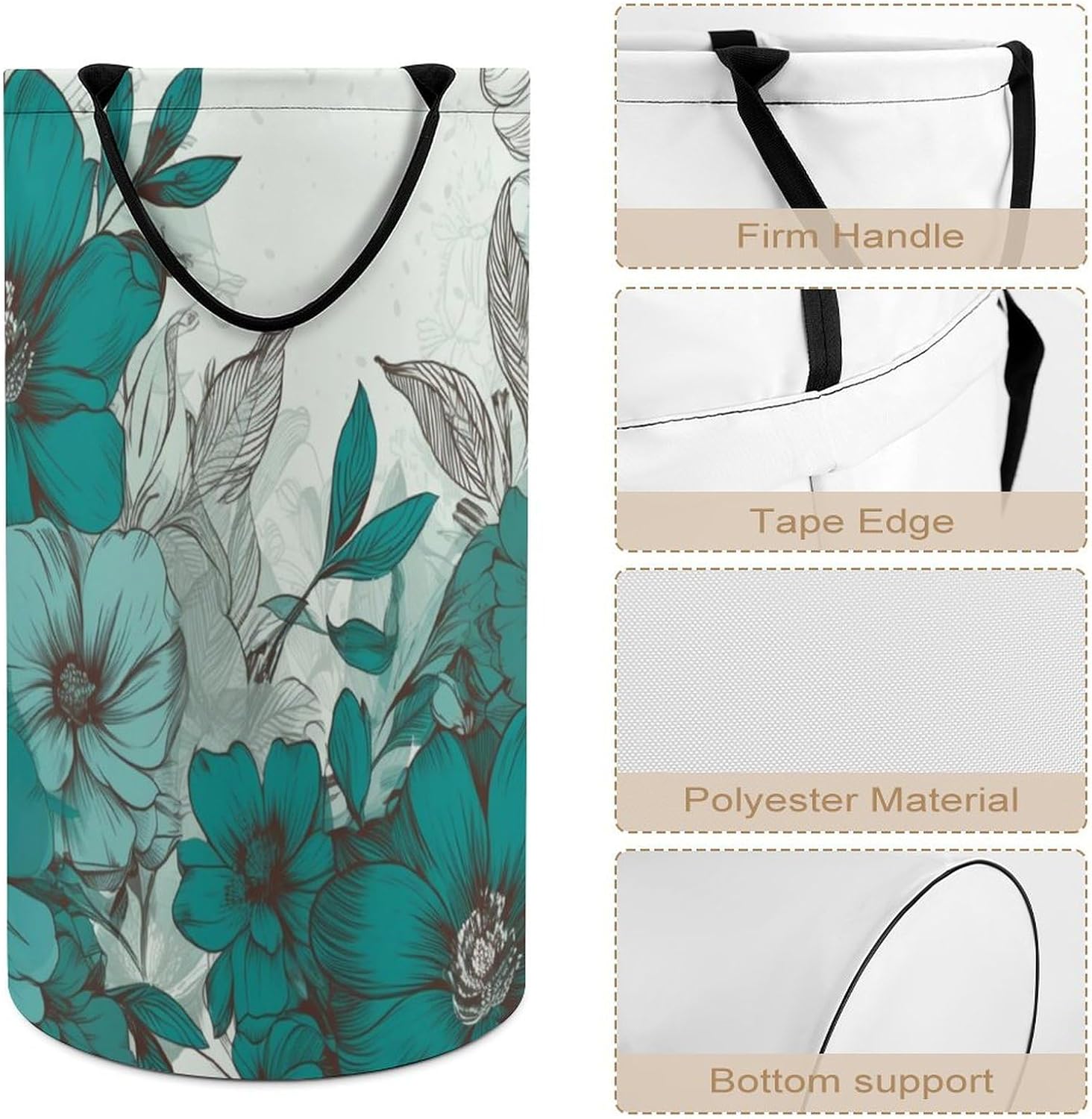 Large Laundry Hamper with Handle Waterproof Laundry Basket Collapsible Dirty Clothes Hamper Teal Floral Laundry Bag for Clothes Toys in Bedroom 15.7x27.2 In