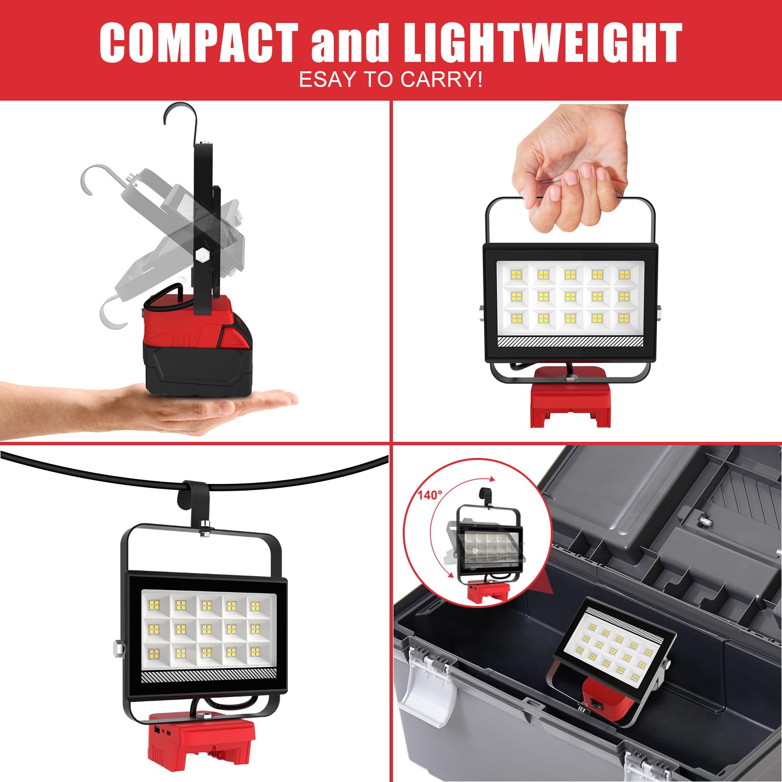 Proyector LED recargable de 60 W, 4500 lm, para batería Milwaukee 18 V