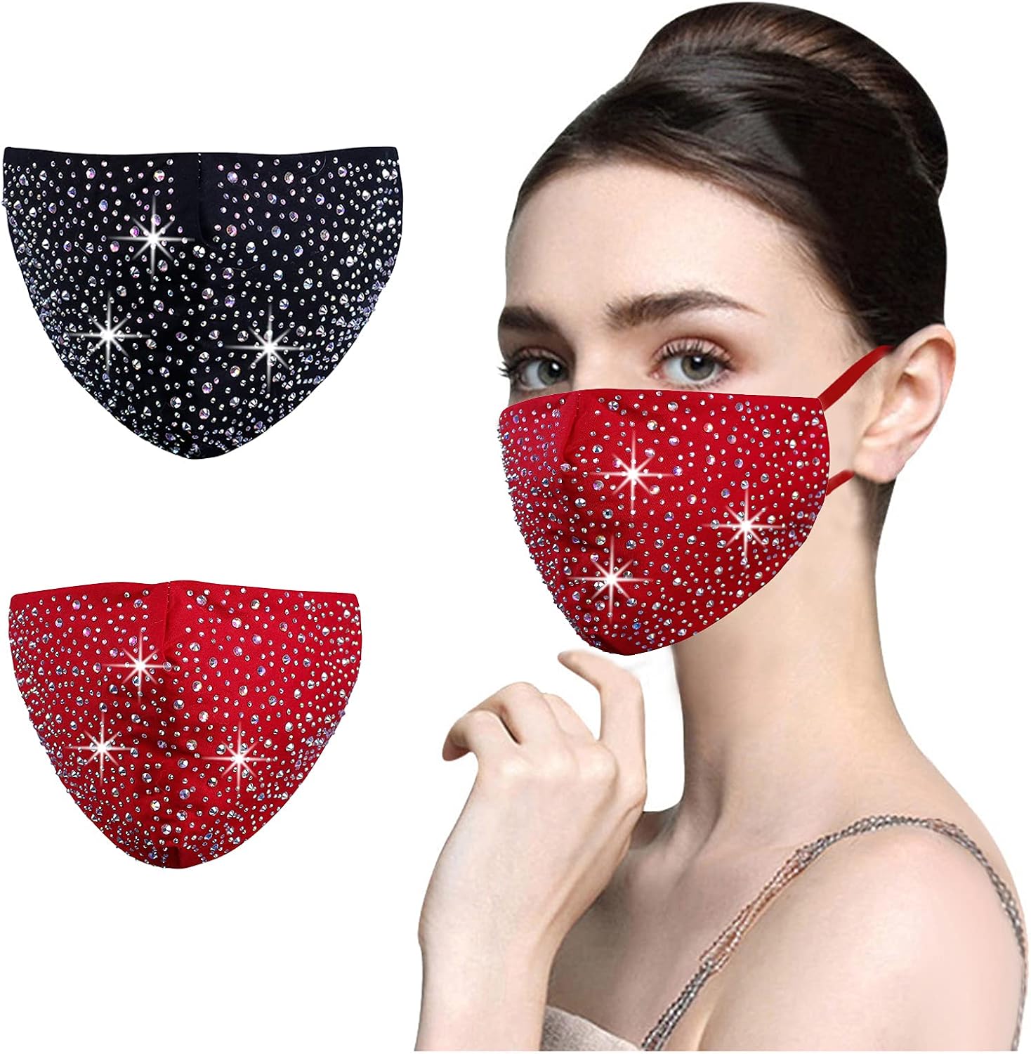 YUESUO Black Rhinestone Face Cloth Mask Reusable Washable Glitter Bling Sequin Sparkly Diamond Designe,Good Gift for Women
