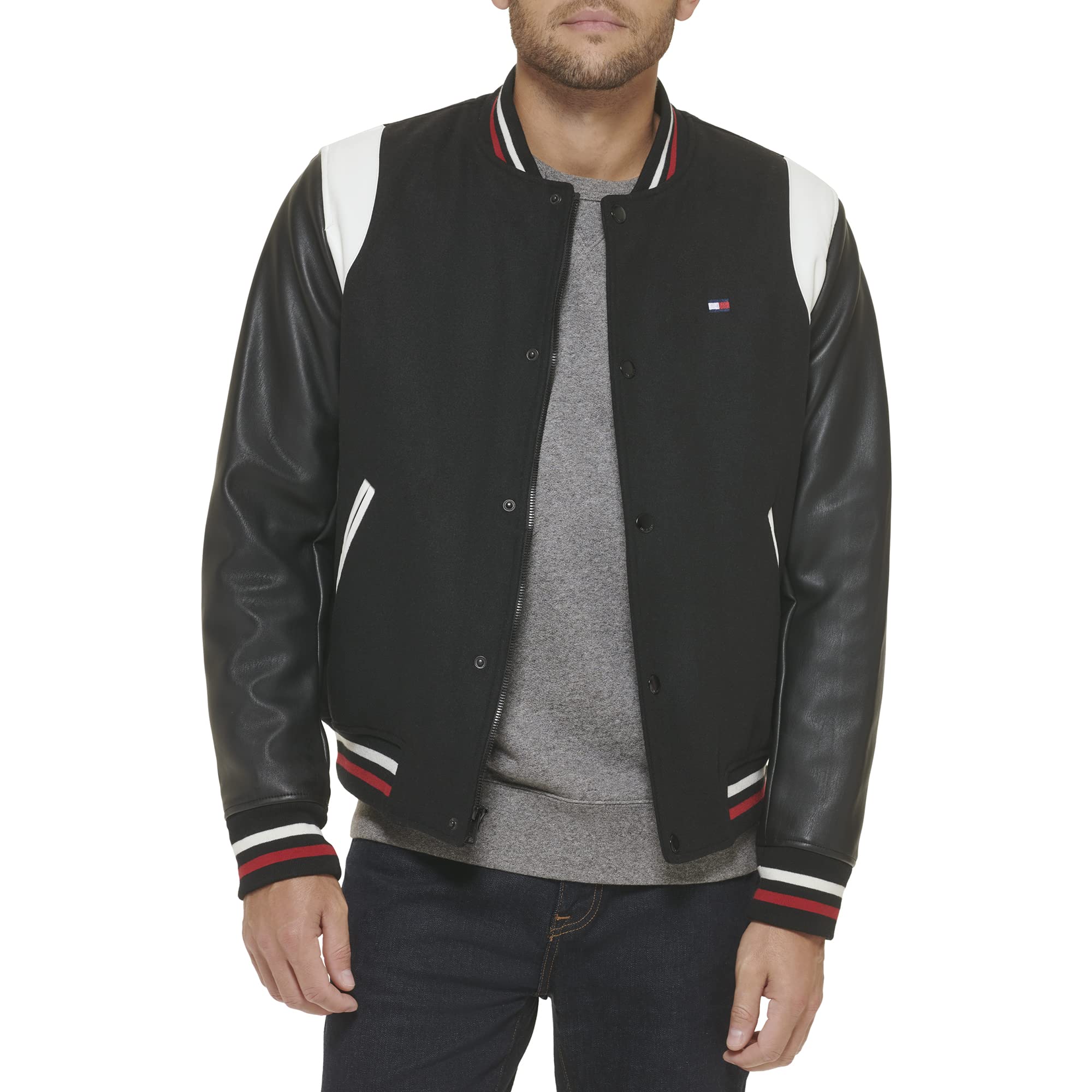 Tommy Hilfiger Men's Black Mixed Media Varsity Bomber Jacket, M