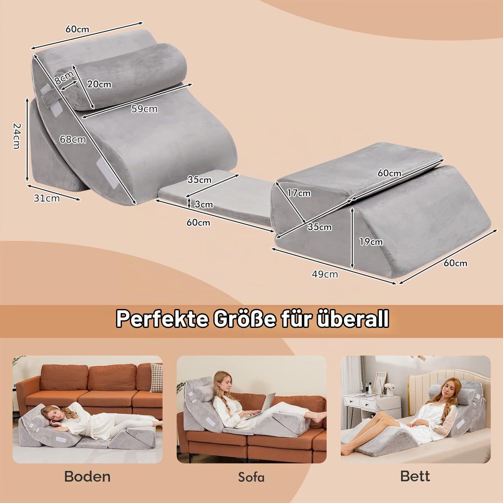 COSTWAY 6-teiliges orthopädische Kissen-Set, Memory-Schaum-Keilkissen mit Abnehmbarer Kopfstütze, bequemes und verstellbares Lesekissen Bettkeilkissen Rückenstützkissen zum Schlafen und Lesen