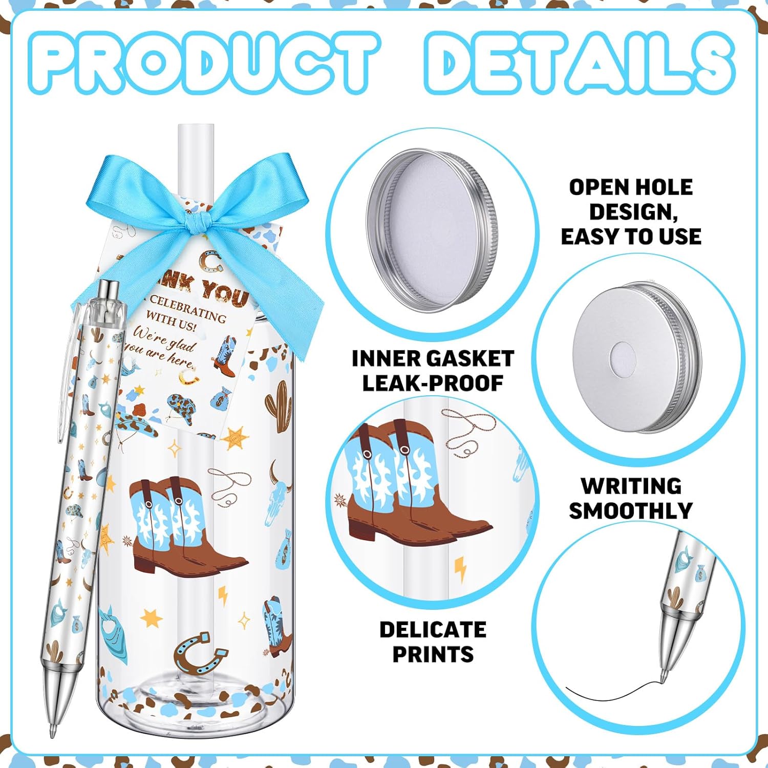 Honeydak 25 Set My First Rodeo Western Cowboy Party Favor Gift for Guest 14.2oz Reusable Plastic Cups with Lids Straws Ballpoint Pens Cards for Cowboy 1st Birthday Baby Shower Party