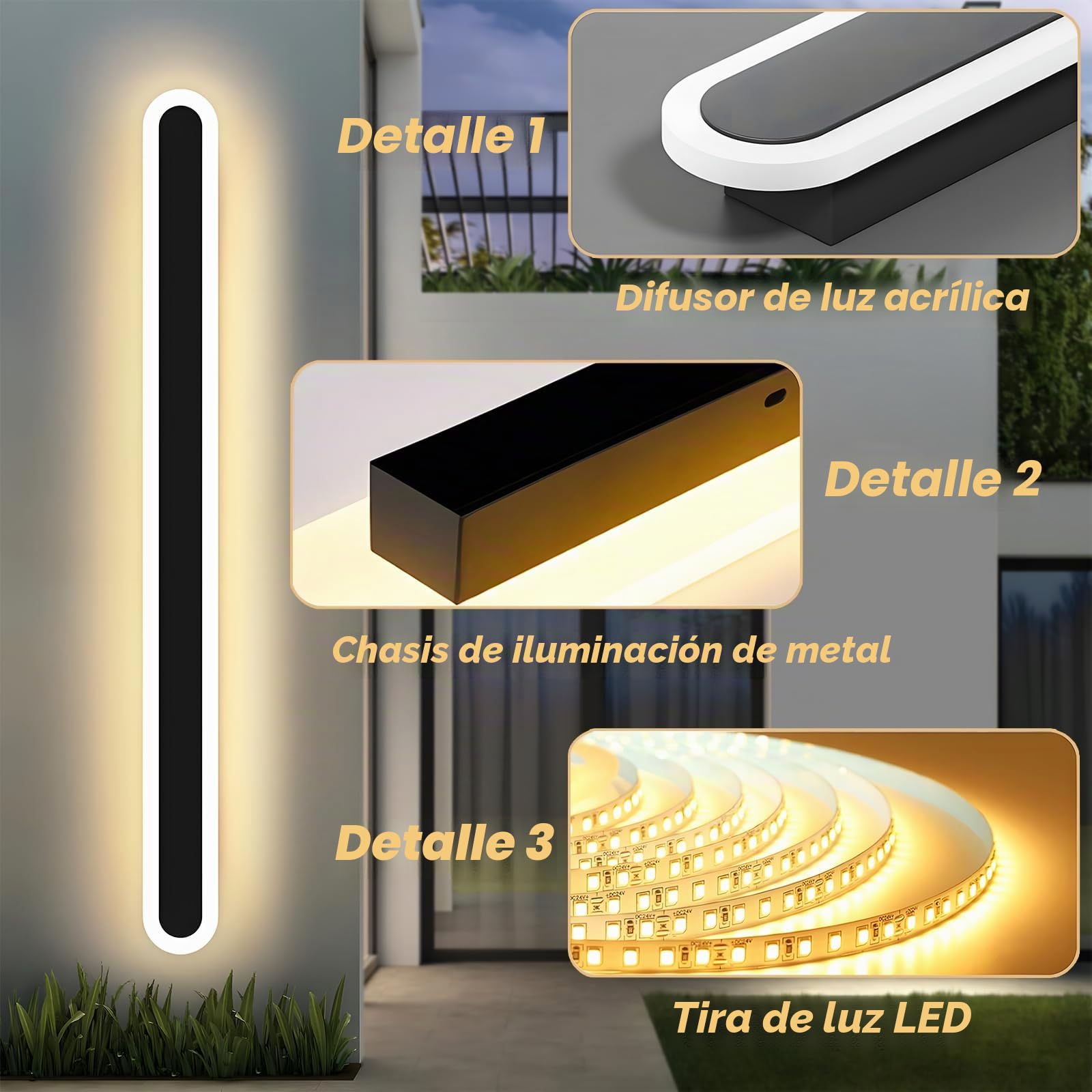 120CM/25W Aplique Pared Exterio LED con Control Remoto | Regulable 10%-100%,3000K-6000K Lampara de pared Largo Impermeable Exterio para Villa Jardines Terrazas Balcón,Negro,110-240V
