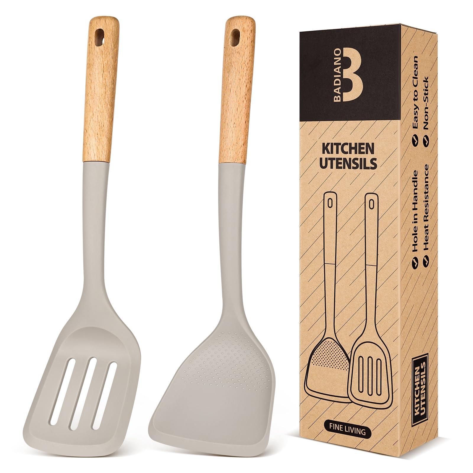Silicone Wok Spatula Turner Set, Perfect for Scooping, Flipping, Lifting Pancakes and Picking up Veggies, BPA-Free Matte Silicone, Wooden Handles,