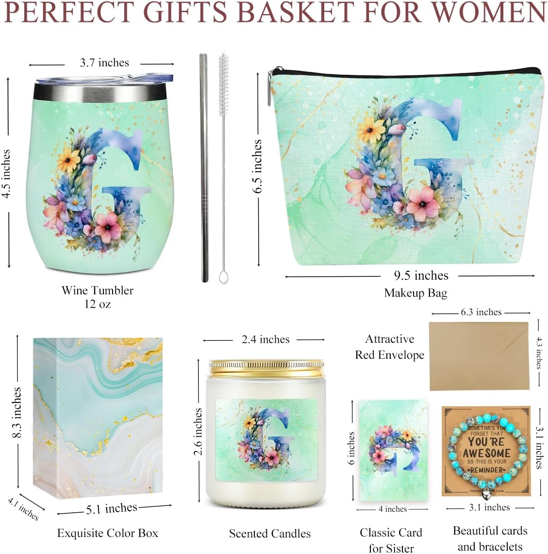 Personalized Gifts Monogrammed Birthday Gifts for Women, Her Employee Housewarming Christmas Initial Wine Tumbler Makeup Bag Scented Candle Bracelet Set, (Aesthetic Green Flower G) image 2