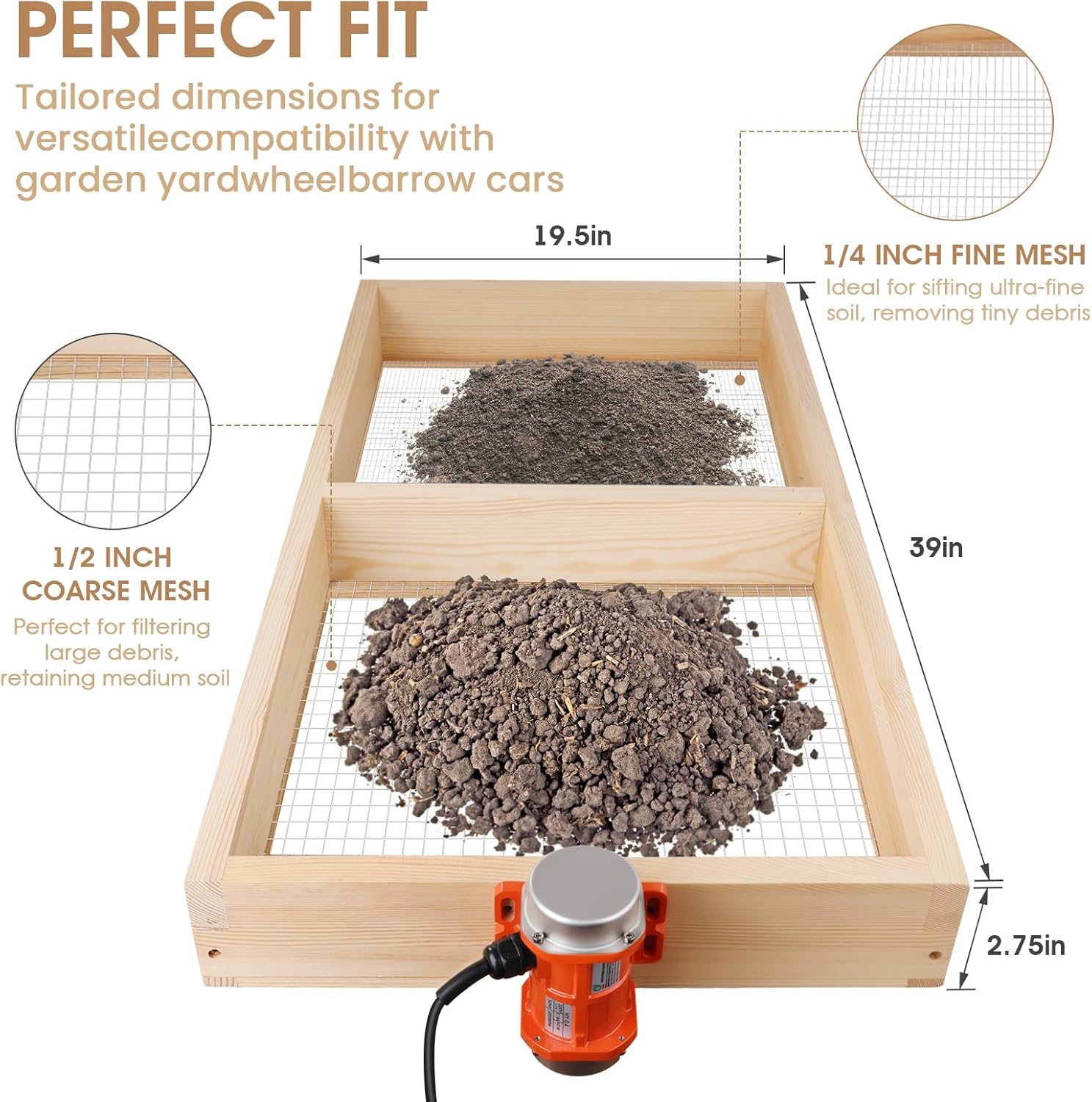 TlEBOLA Soil Sifter with 40W Adjustable Vibration Motor and Dual Mesh Sizes, 39" x 19.5" Wooden Automatic Compost Sieve for Dirt, Sand -Two Built-in Screens (0.47" & 0.24") Fit Most Wheelbarrows