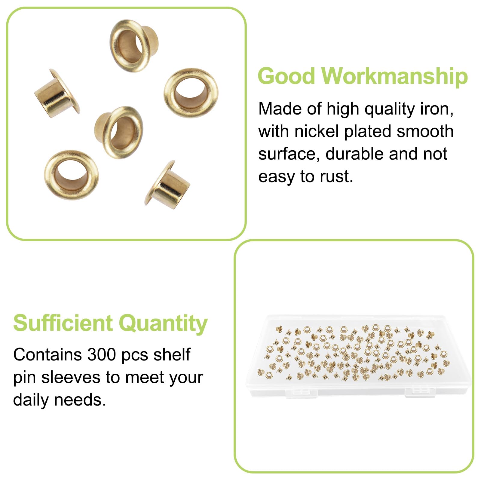 UFURMATE 300Pcs Gold Shelf Pin Caps with Hole Heavy Duty Metal Shelf Pins Reinforcement Grommets for Bookshelf Cabinet - Image 4