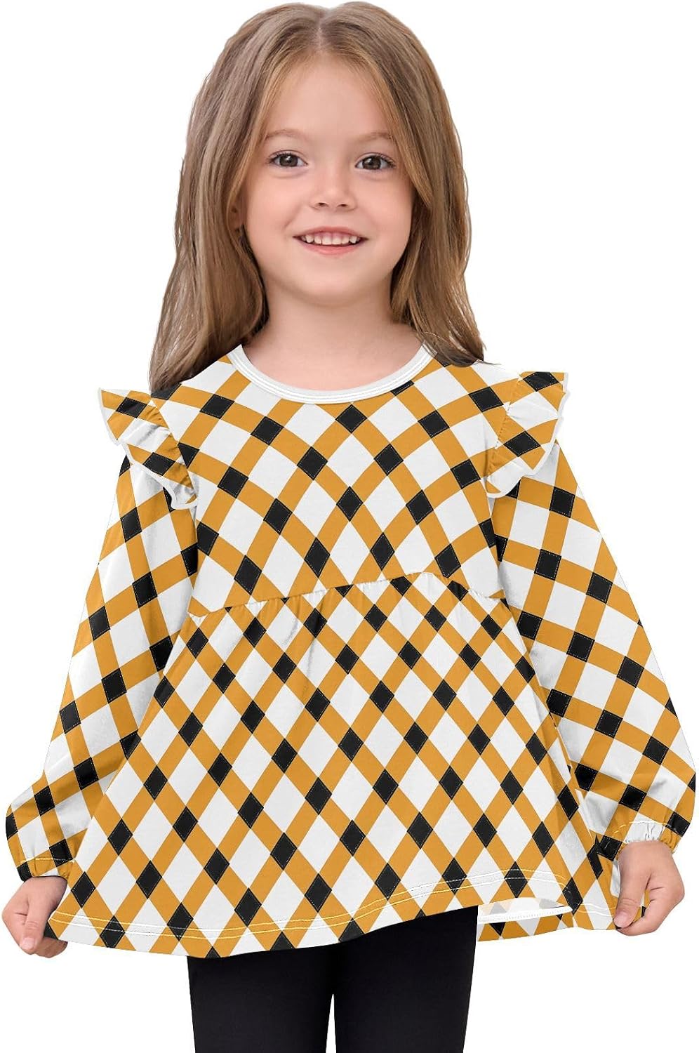 visesunny Toddler Clothes for Girls Orange Mismatch Check Long Sleeve Fall Shirts Cotton Top with Ruffle Collar