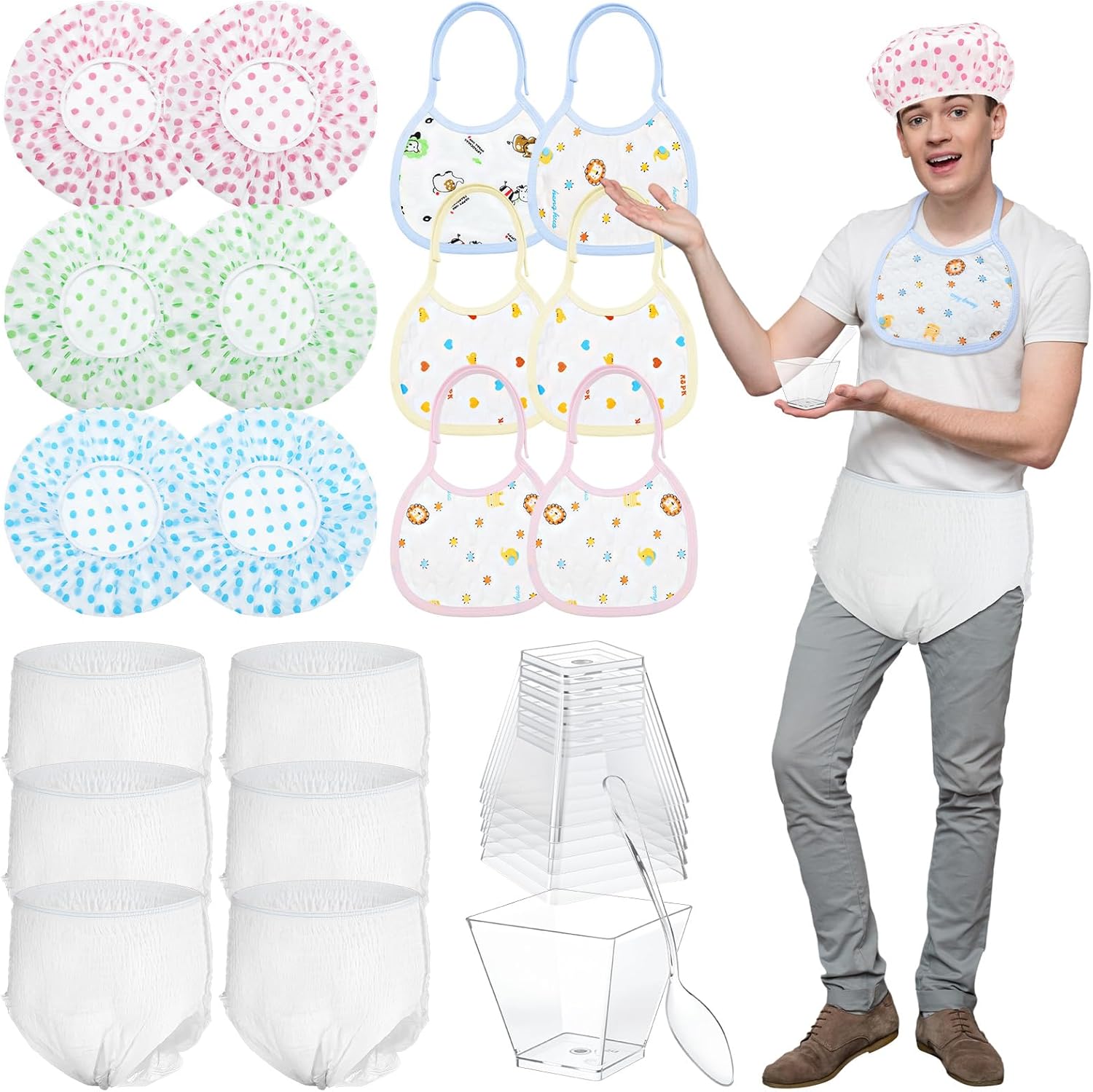 Chicingyou 6 Sets Adult Baby Shower Games Bulk Include Disposable Diapers Shower Caps Bibs and Plastic Cup Spoon for Baby Changing Diaper Race Gender Reveal Game Decoration(Blue,Serene)