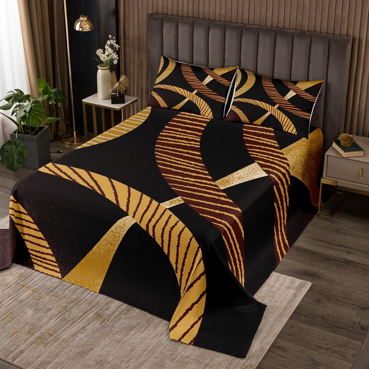Set Copriletto King Size Moderno - Disegno Astratto Righe Nero/Arancio, 3 Pezzi