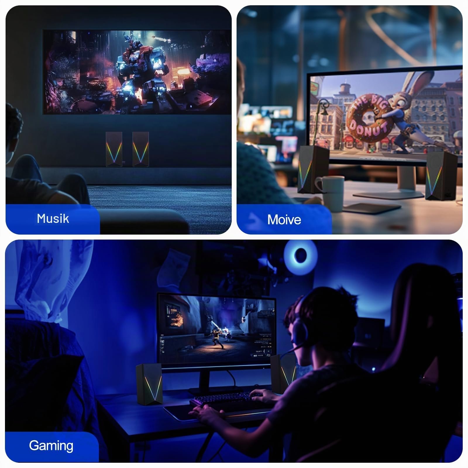 Lautsprecher Desktop-PC-Lautsprecher mit 6 bunten RGB-Lichtern, Kopfhöreranschluss und verbesserter Bass, USB-betrieben