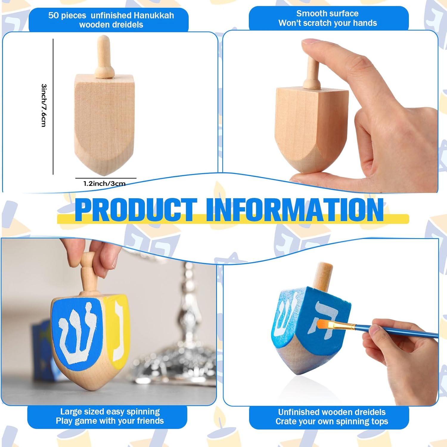 Wettarn 50 Pieces Purim Wooden Dreidel Blank Unfinished Natural Wood Dreidels for Hanukkah Purim Passover Party DIY Decorations Projects Crafts Family Fun Supplies (3 Inch)