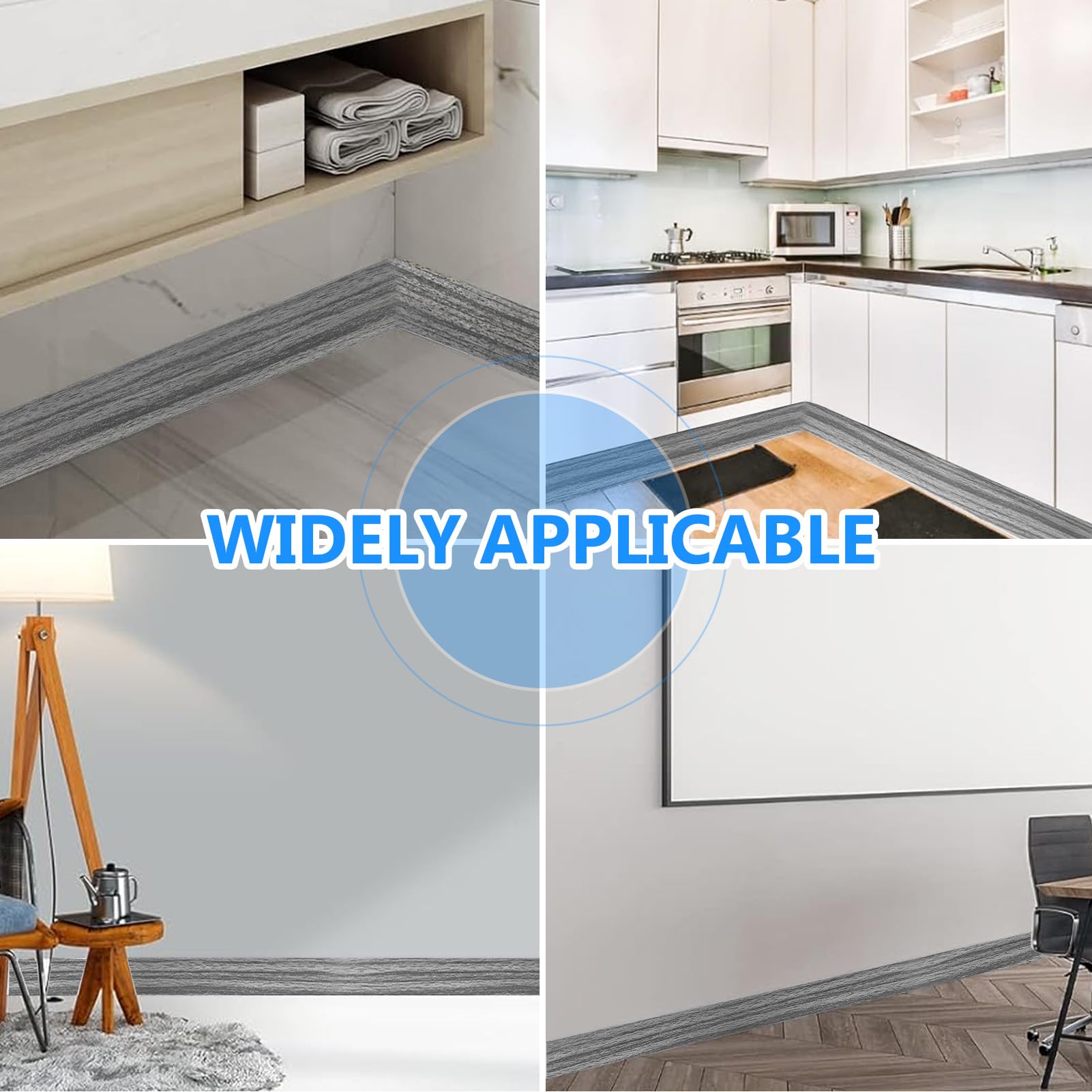 Rodapiés autoadhesivos de PVC, 10 cm x 10 m, listón de cocina, rodapiés autoadhesivos, moldura decorativa, fácil de cortar, listón plano, para sala de estar, dormitorio, veta de madera gris