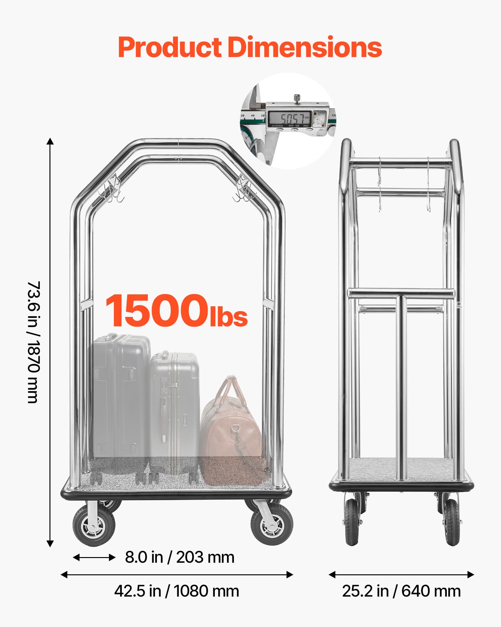 VEVOR Carrello Portabagagli per Hotel, Portata Max 680,39 kg, Carrello Bagagli Hotel con Telaio in Acciaio Inox, Ruote in Gomma da 203 mm, Pianale Rivestito in Moquette Grigia, per Alberghi e Resort