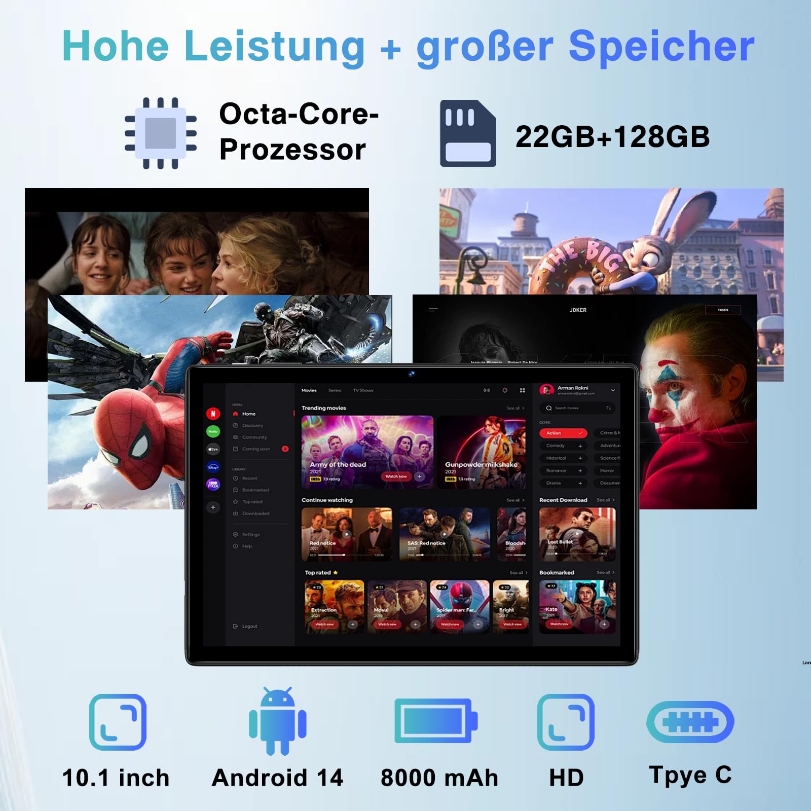 SUAAT 2026 Tablet Android 22 GB RAM + 128 GB ROM (2 TB TF), tablets 10 pollici, 8000mAh, Octa-Core, 2,0 GHz, WiFi 5G + 2,4G, GPS, 8 MP + 5 MP, Bluetooth 5.0, Cast,tastiera e mouse, Nero Intenso