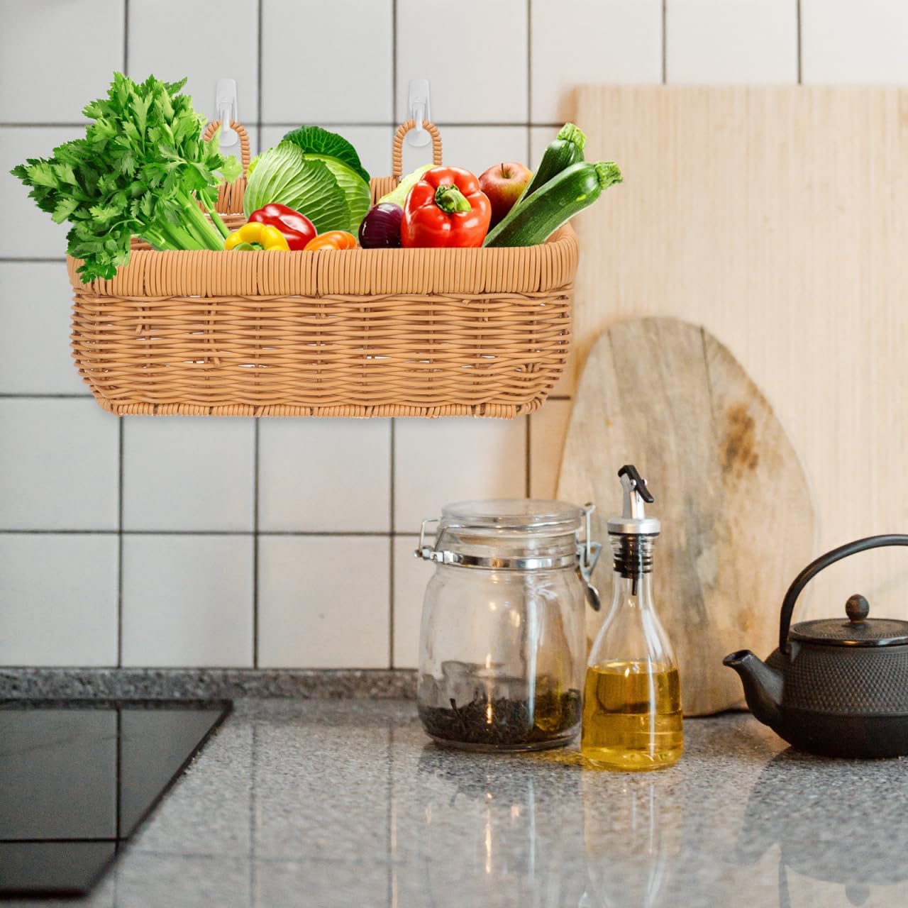 2pcs Wall Hanging Basket, Handwoven Hanging Organizer for Onion Garlic, Boho Plastic Fruit Storage Baskets with Hanger for Kitchen Bathroom Laundry Home Decor