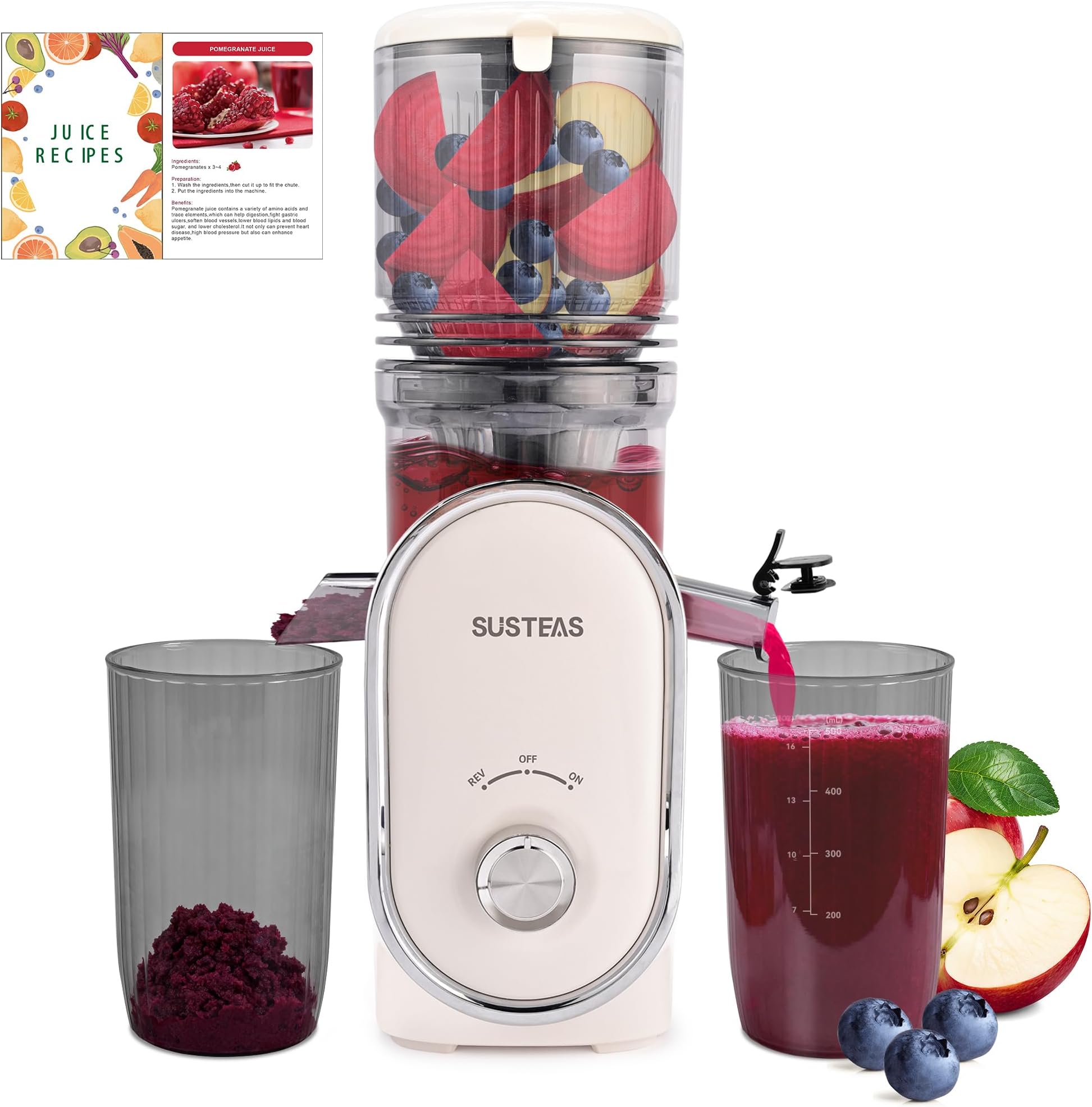 SUSTEAS Cold Press Juicer Machines, 133MM Large Feed Chute(1.5L Capacity) for Whole Fruits & Vegetables, Slow Masticating Automatic with 300W, High Juice Yield Extractor, Easy to Clean, White