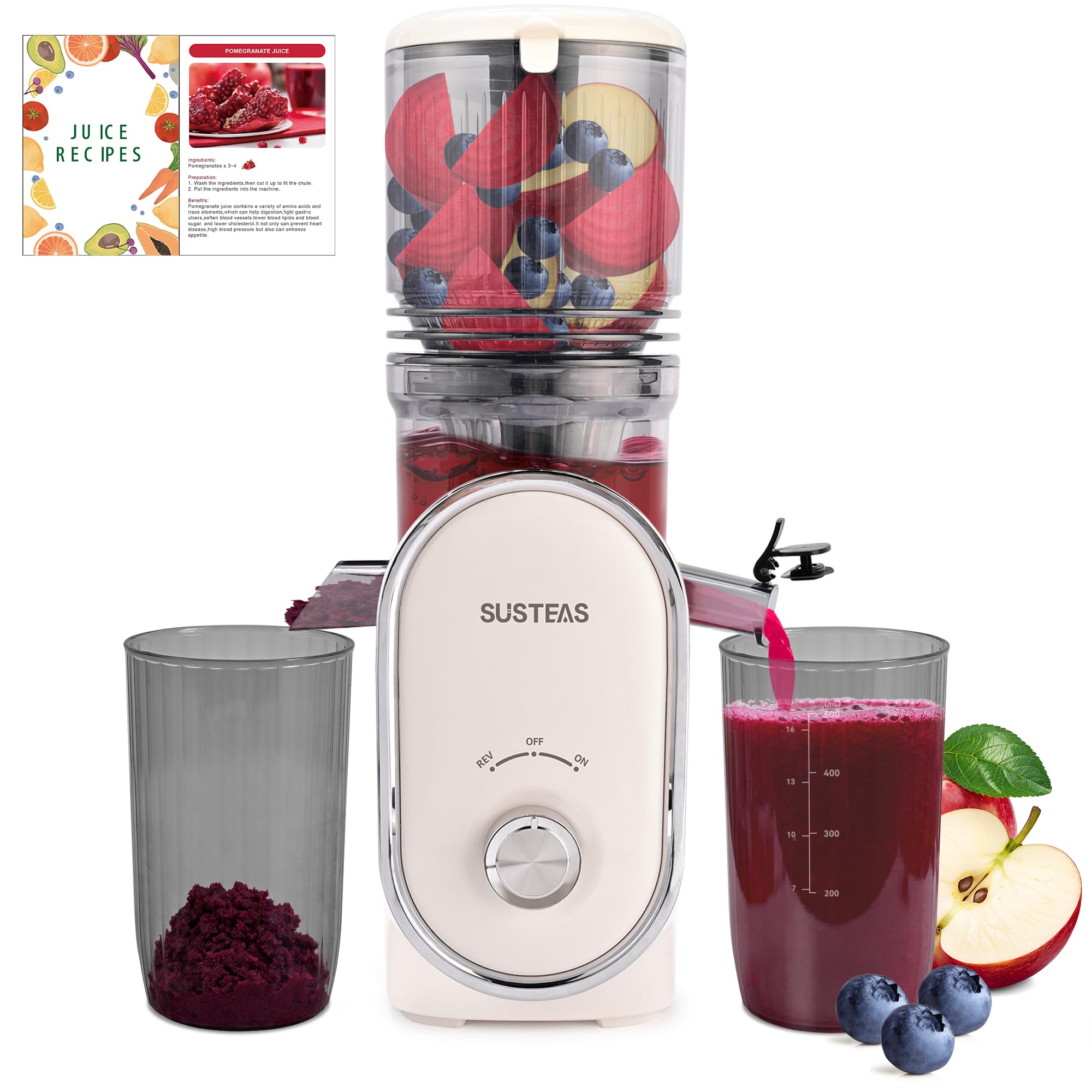 SUSTEAS Cold Press Juicer Machines, 133MM Large Feed Chute(1.5L Capacity) for Whole Fruits & Vegetables, Slow Masticating Automatic with 300W, High Juice Yield Extractor, Easy to Clean, White