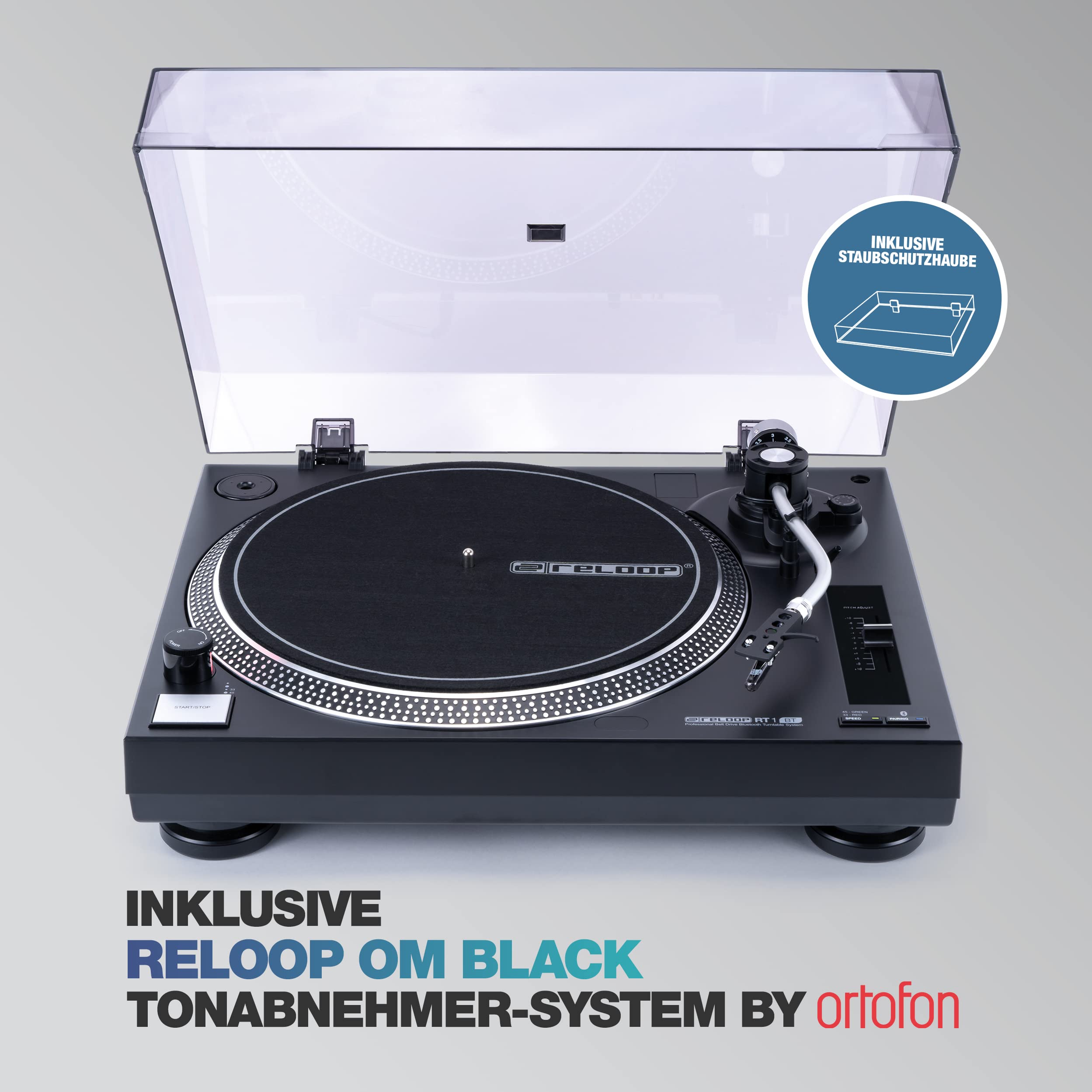 Reloop RT-1 BT Plattenspieler mit Riemenantrieb für DJ- und HiFi-Anwendungen, Bluetooth-Ausgang zur kabellosen Verbindung mit Bluetooth-Lautsprechern, Vormontiertes Ortofon Magnet-Tonabnehmer-System